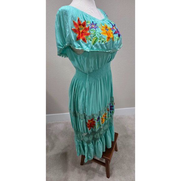 Mexican Boho Maxi Dress With Floral Embroidery & Lace Details Turquoise Color El - Picture 2 of 10